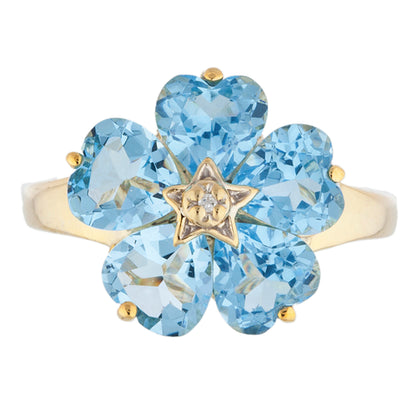 14Kt Gold Blue Topaz & Diamond Heart Flower Design Ring