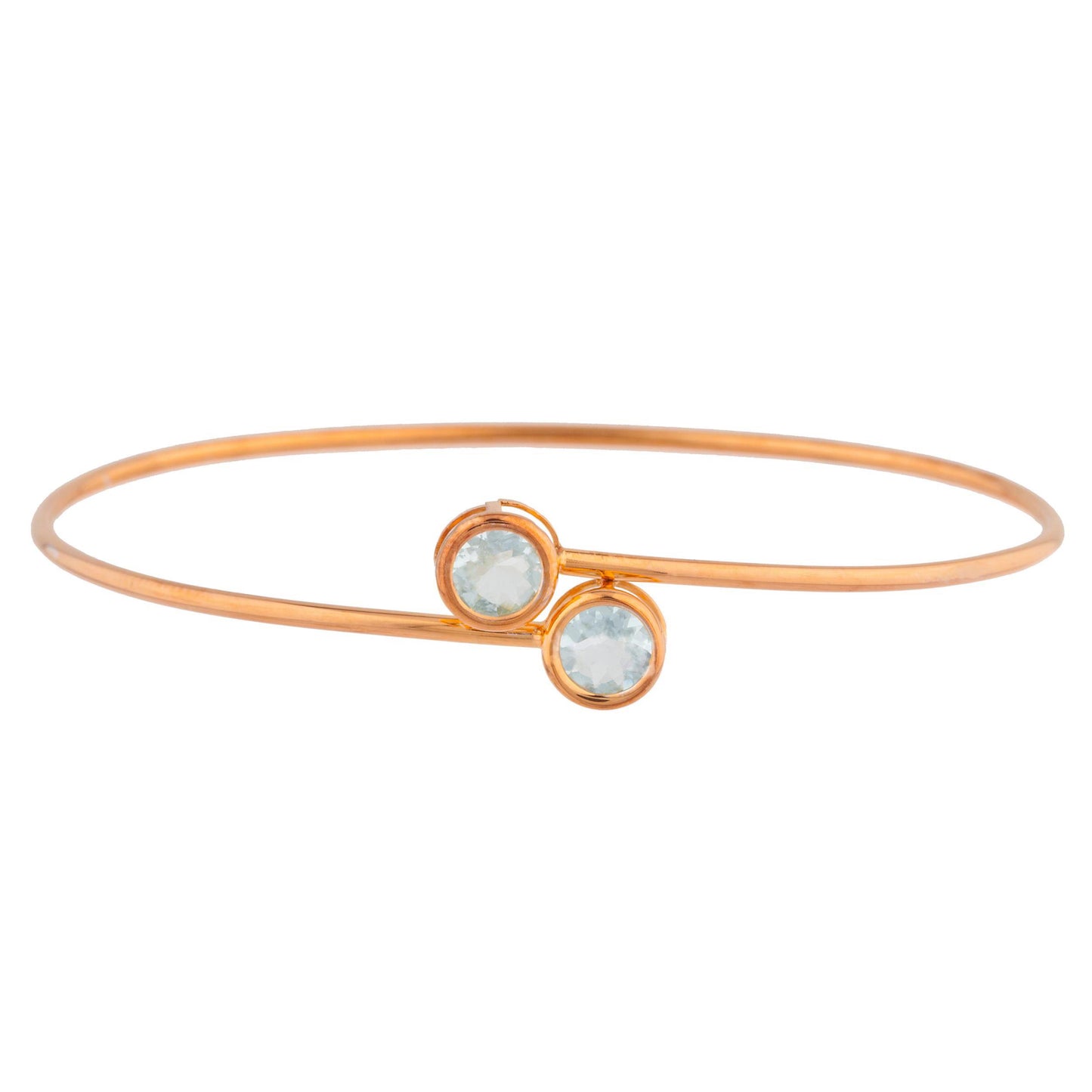 14Kt Rose Gold Plated Genuine Aquamarine Round Bezel Bangle Bracelet