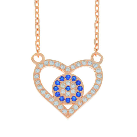 Evil Eye Blue & White CZ Heart Design Pendant 14Kt Rose Gold Plated Over .925 Sterling Silver