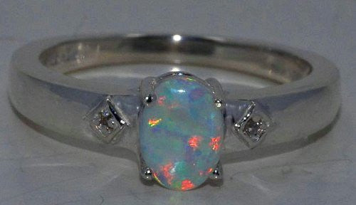 7x5mm Opal & Diamond Oval Ring .925 Sterling Silver Rhodium Finish