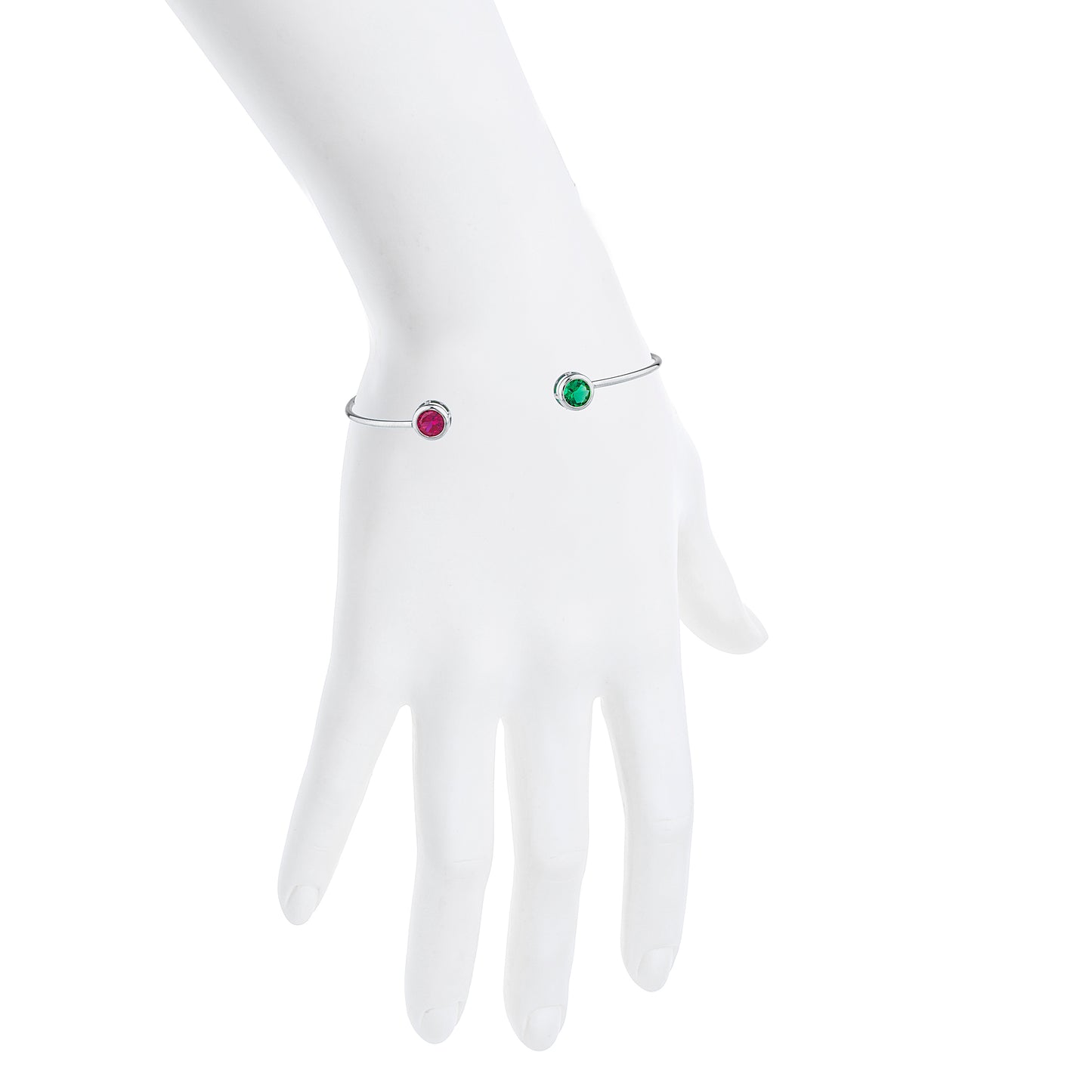 Created Ruby & Emerald Round Bezel Bangle Bracelet .925 Sterling Silver