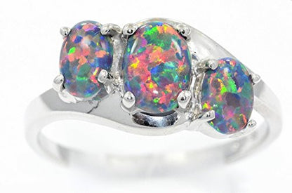 6mm Black Opal Oval Ring .925 Sterling Silver Rhodium Finish