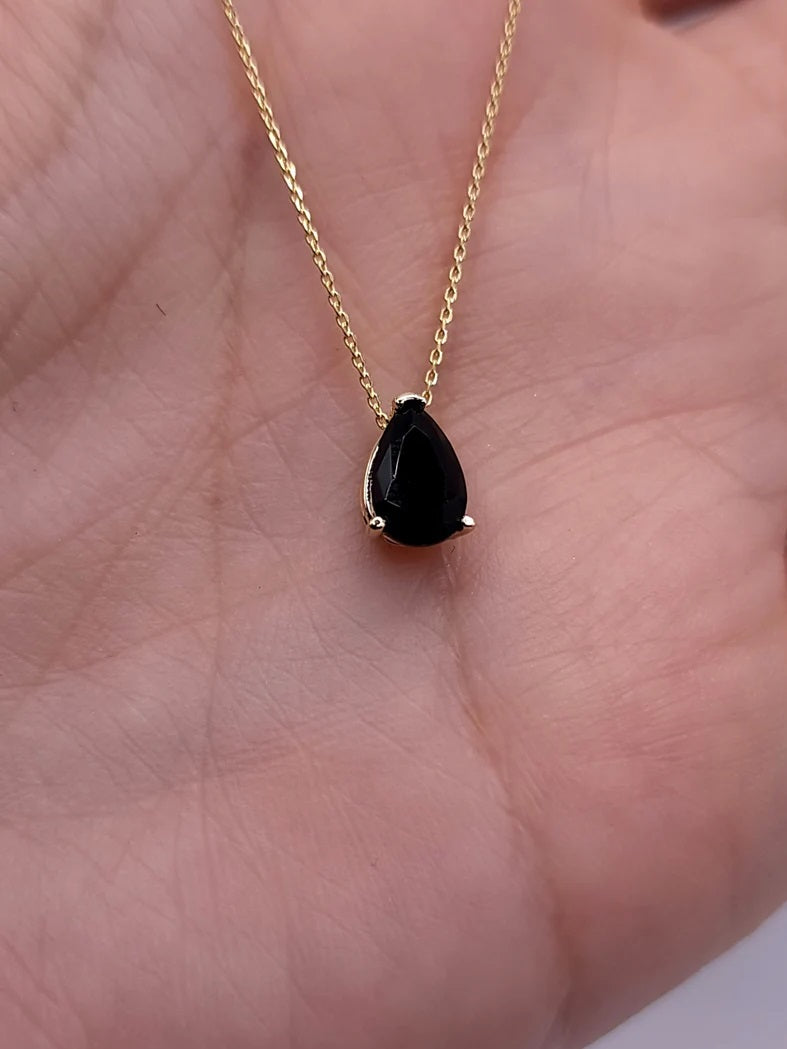 14Kt Gold Natural Black Onyx Teardrop Necklace Pendant