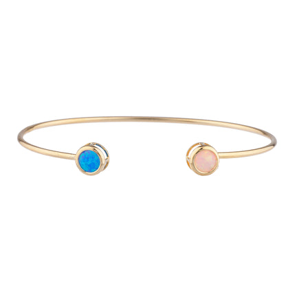 14Kt Gold Blue & Pink Opal Round Bezel Bangle Bracelet