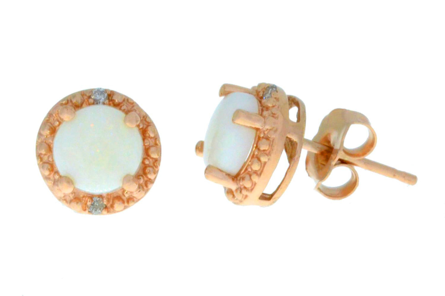 14Kt Rose Gold Genuine Opal & Diamond Round Stud Earrings