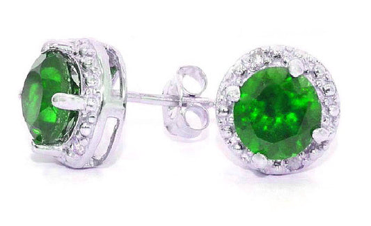 2 Ct Emerald & Diamond Round Stud Earrings 14Kt White Gold