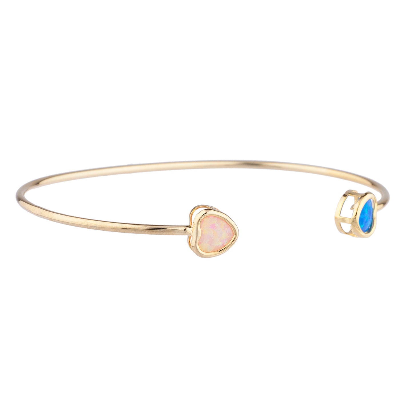 Blue & Pink Opal Heart Bezel Bangle Bracelet 14Kt Yellow Gold Plated Over .925 Sterling Silver