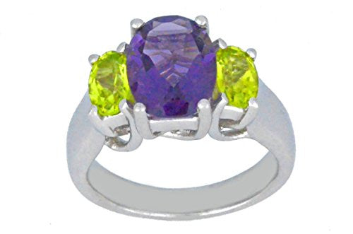 4 Ct Amethyst & Peridot Oval Ring .925 Sterling Silver Rhodium Finish