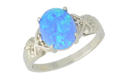 10x8mm Blue Opal & Diamond Oval Ring .925 Sterling Silver Rhodium Finish