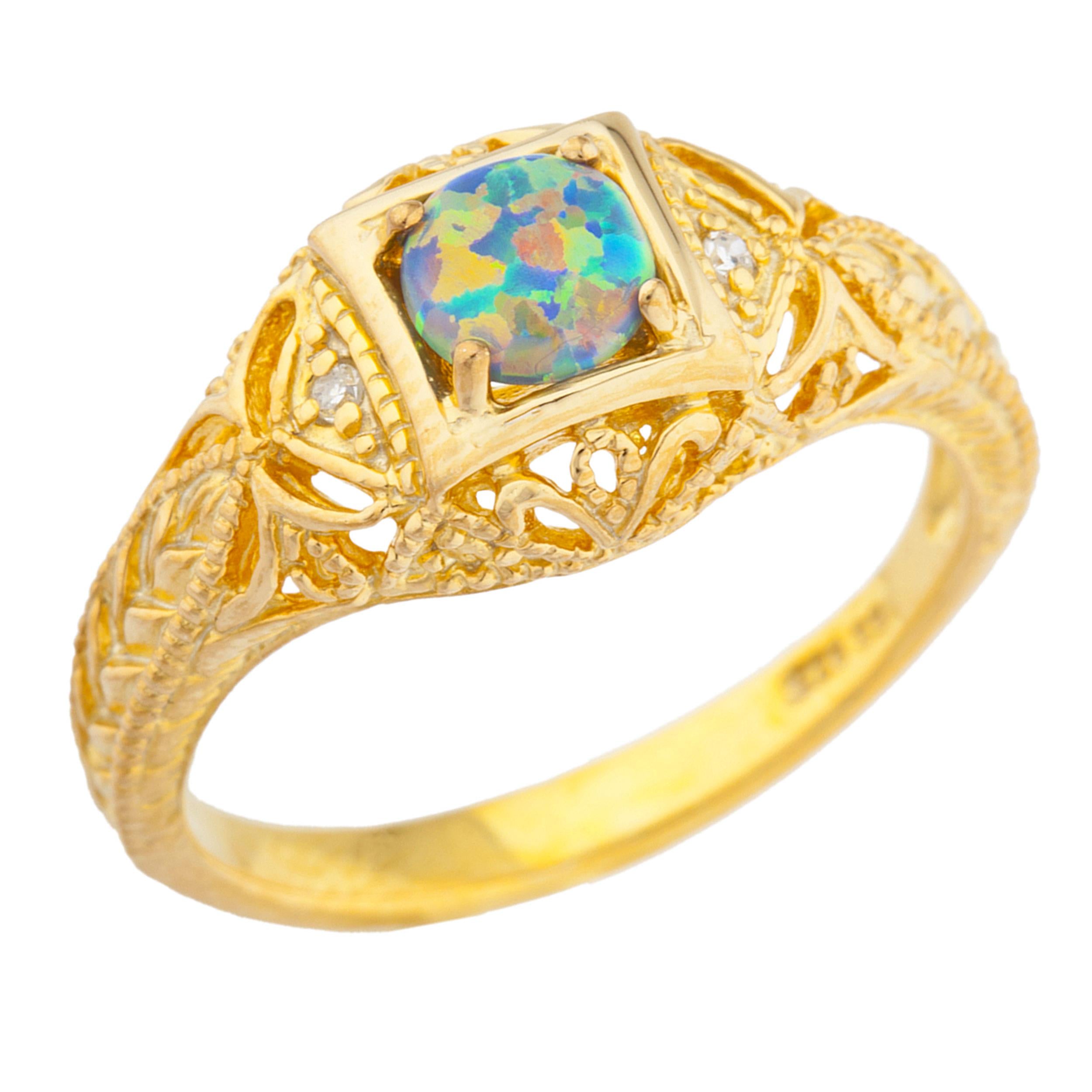 14Kt Gold Black Opal & Diamond Design Round Ring