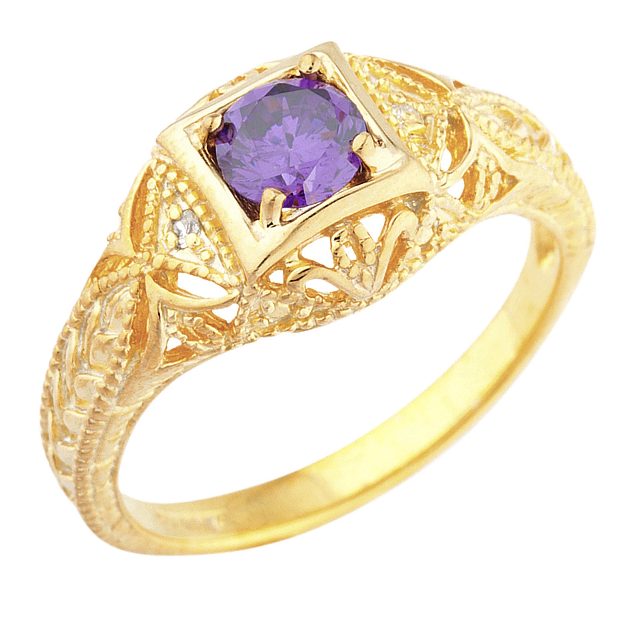 14Kt Gold Amethyst & Diamond Design Round Ring