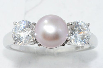 7mm Pink Freshwater Pearl & Zirconia Ring .925 Sterling Silver Rhodium Finish