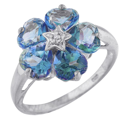 14Kt Gold Natural Blue Mystic Topaz & Diamond Heart Flower Design Ring