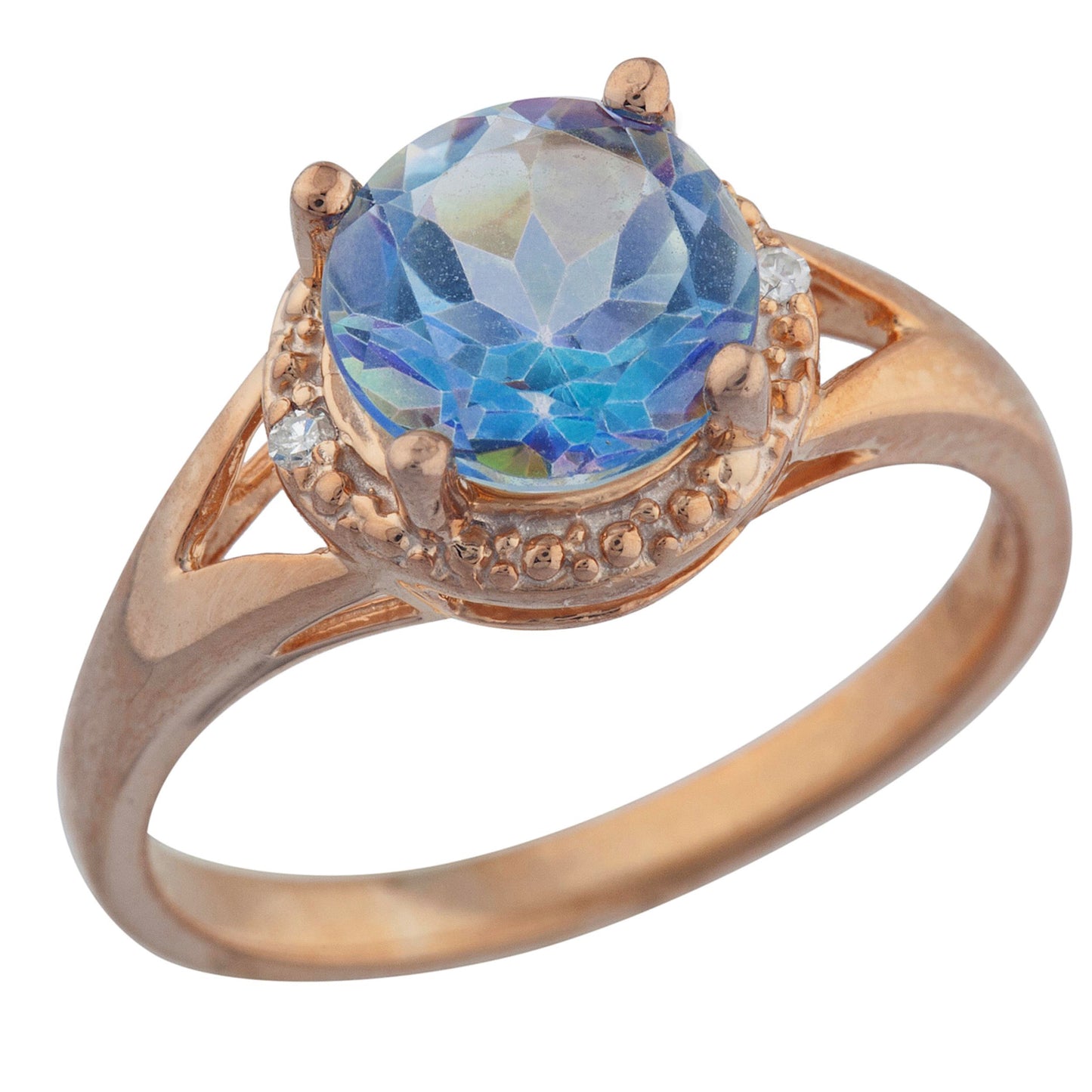 14Kt Gold 2 Ct Natural Blue Mystic Topaz & Diamond Halo Design Round Ring