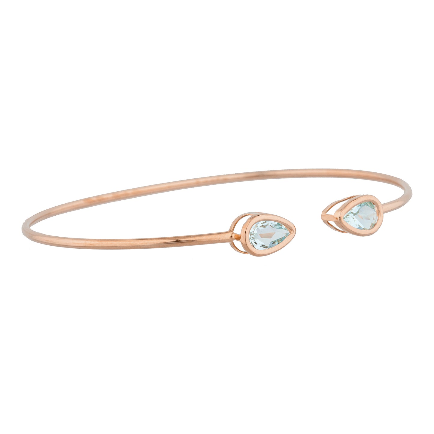 14Kt Rose Gold Plated Genuine Aquamarine Pear Bezel Bangle Bracelet