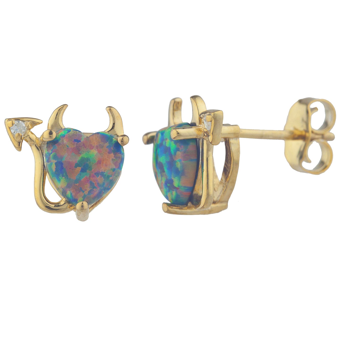 14Kt Gold Black Opal & Diamond Devil Heart Stud Earrings