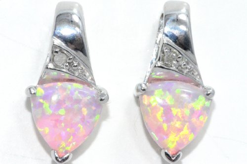 Pink Opal Trillion Diamond Stud Earrings .925 Sterling Silver