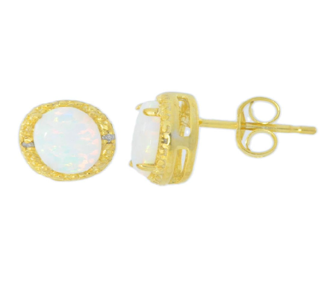 Opal & Diamond Round Stud Earrings 14Kt Yellow Gold