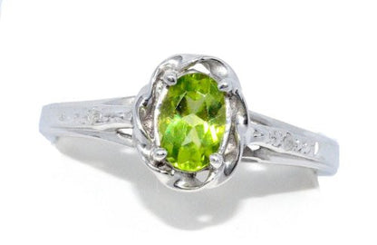 0.50 Ct Peridot & Diamond Oval Ring .925 Sterling Silver Rhodium Finish