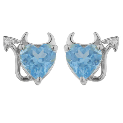 Blue Topaz & Diamond Devil Heart Stud Earrings 14Kt White Gold