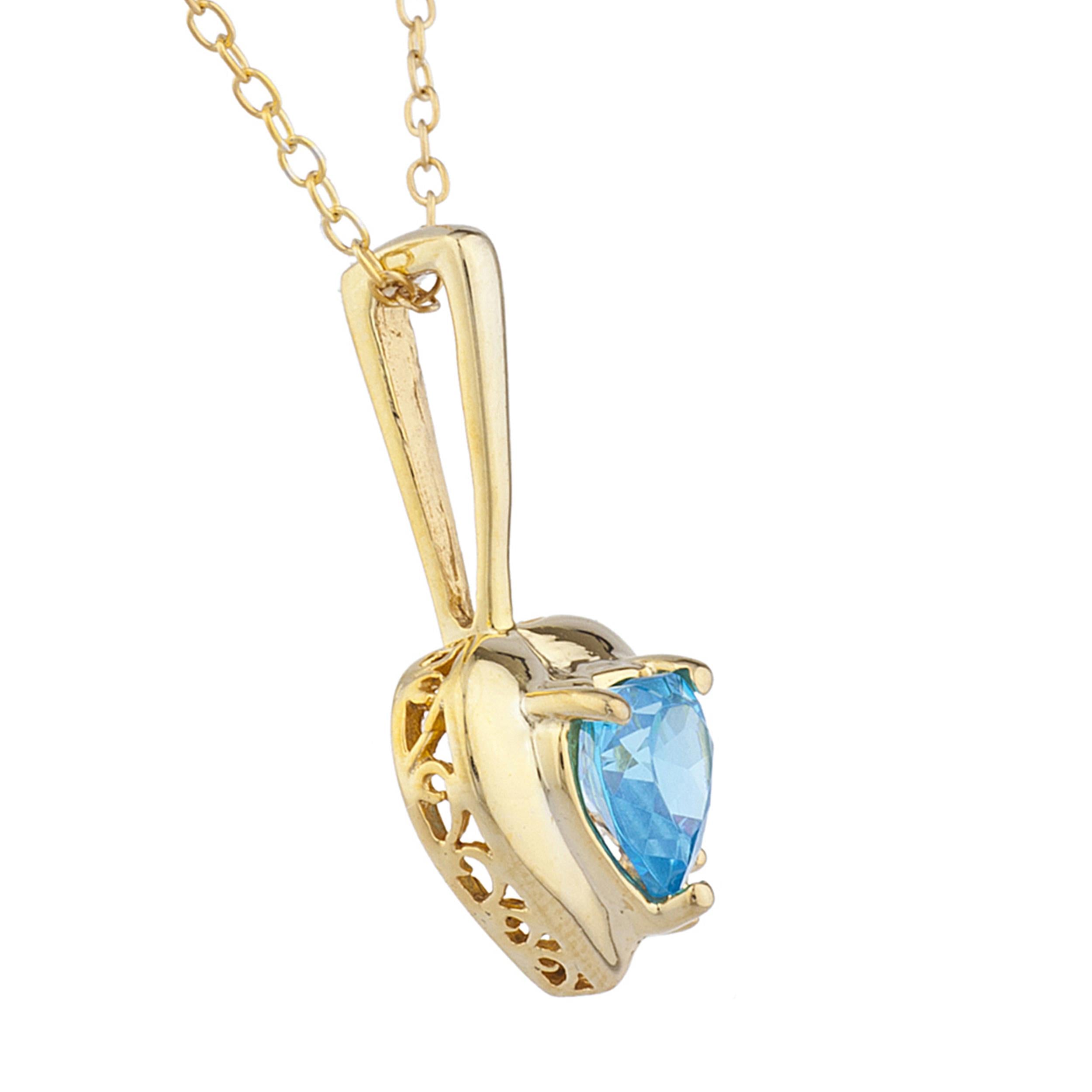 14Kt Gold Swiss Blue Topaz & Diamond Heart Design Pendant Necklace