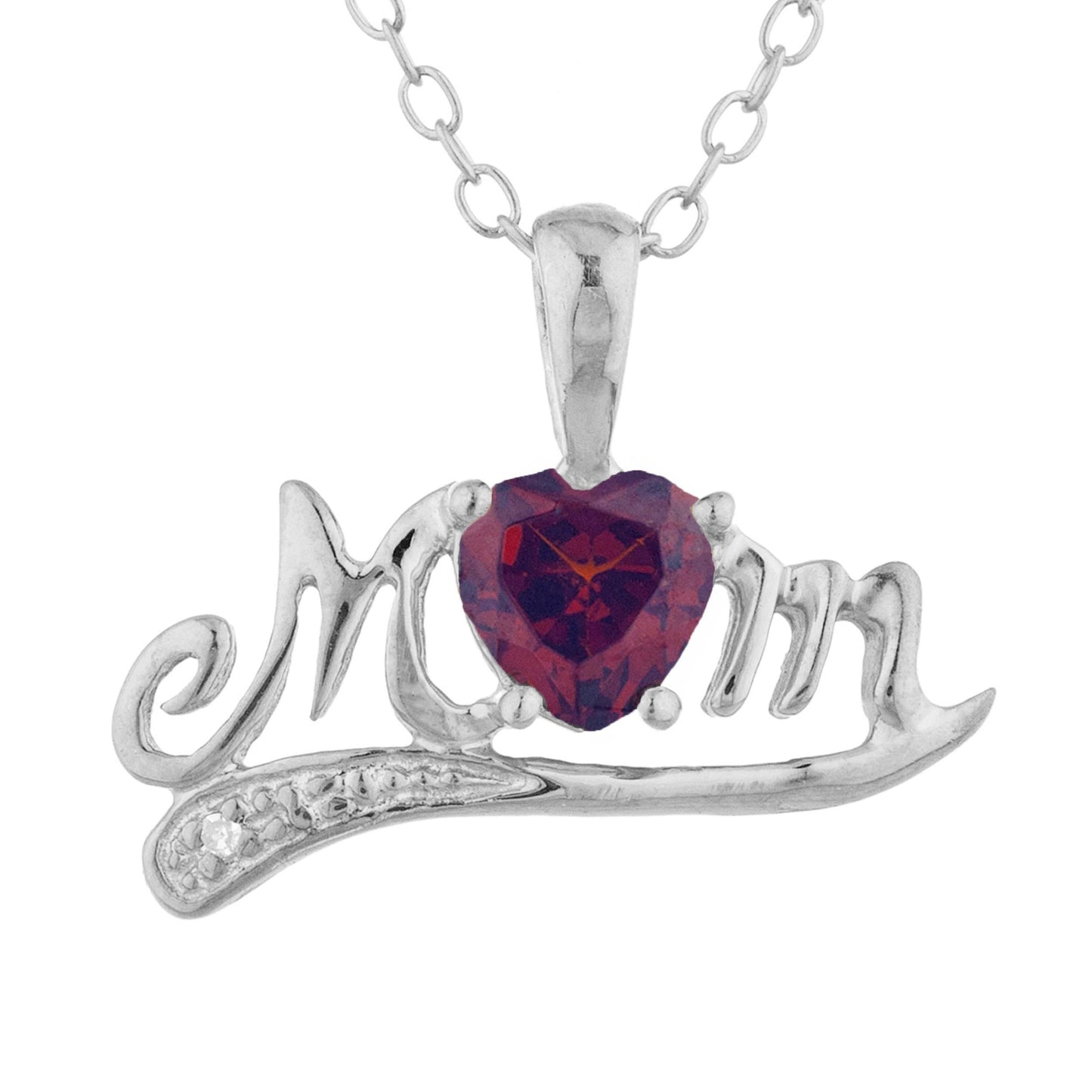 14Kt Gold Garnet & Diamond Heart Mom Pendant Necklace