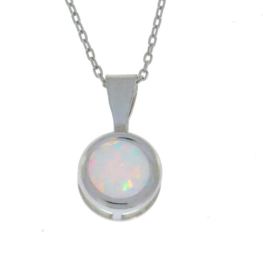 Opal Round Bezel Pendant .925 Sterling Silver Rhodium Finish