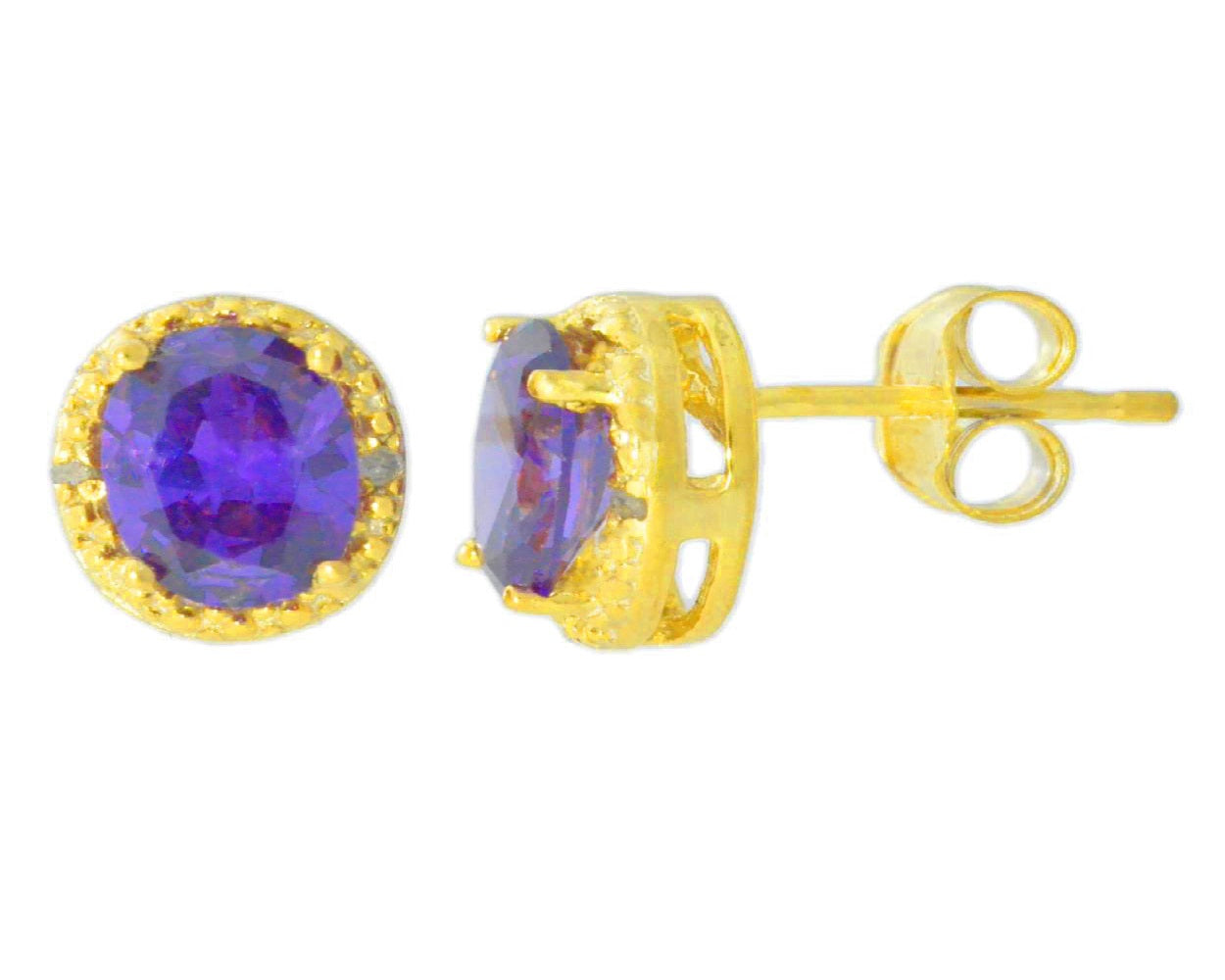 2 Ct Amethyst & Diamond Round Stud Earrings 14Kt Yellow Gold