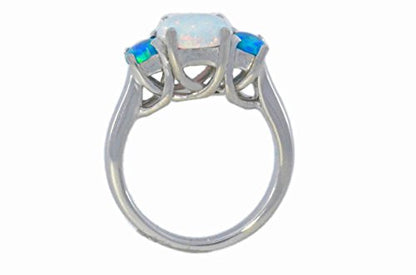 10x8mm White Opal & Blue Opal Oval Ring .925 Sterling Silver Rhodium Finish