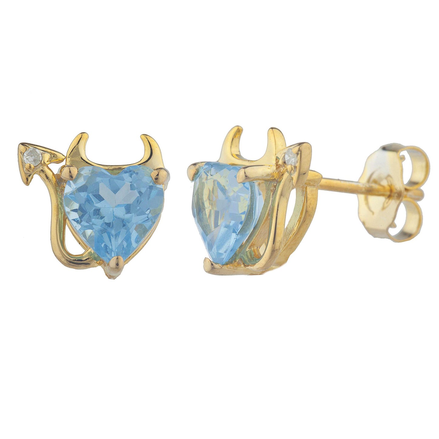 Blue Topaz & Diamond Devil Heart Stud Earrings 14Kt Yellow Gold Plated