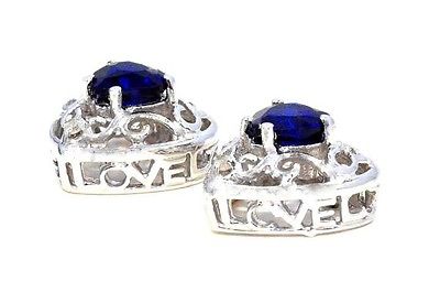 1 Ct Blue Sapphire Heart LOVE Diamond Stud Earrings .925 Sterling Silver