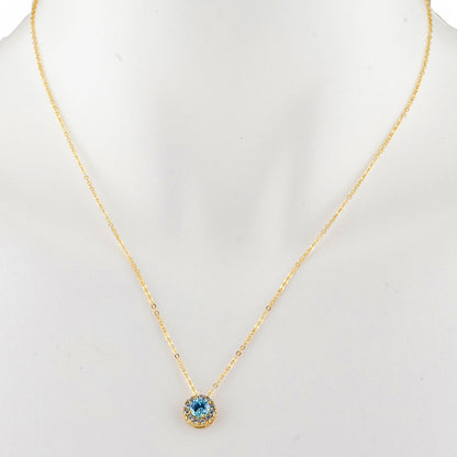 14Kt Gold 0.50 Ct Swiss Blue Topaz Halo Design Pendant Necklace