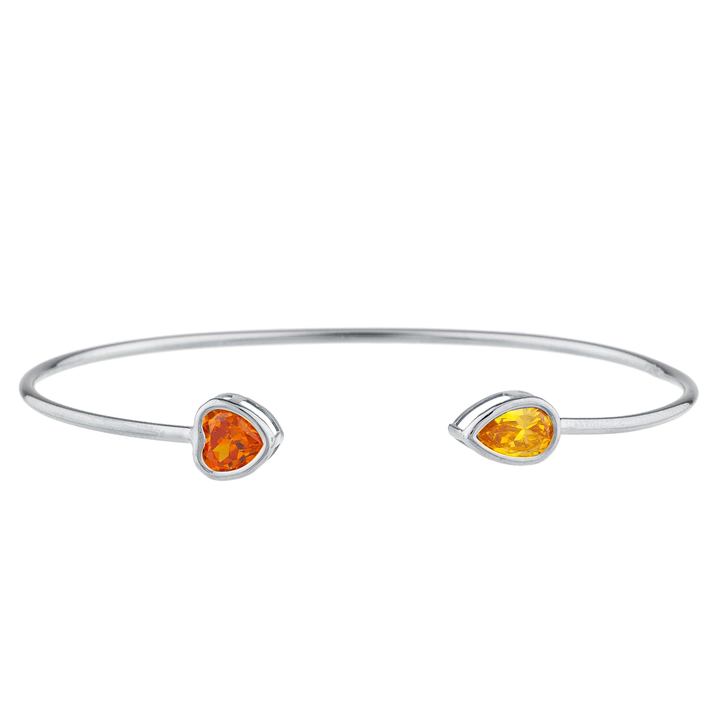 Orange Citrine Heart & Yellow Citrine Pear Bezel Bangle Bracelet .925 Sterling Silver Rhodium Finish