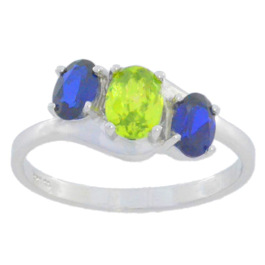 2 Ct Peridot & Blue Sapphire Oval Ring .925 Sterling Silver