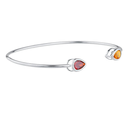 Orange Citrine & Garnet Pear Bezel Bangle Bracelet .925 Sterling Silver