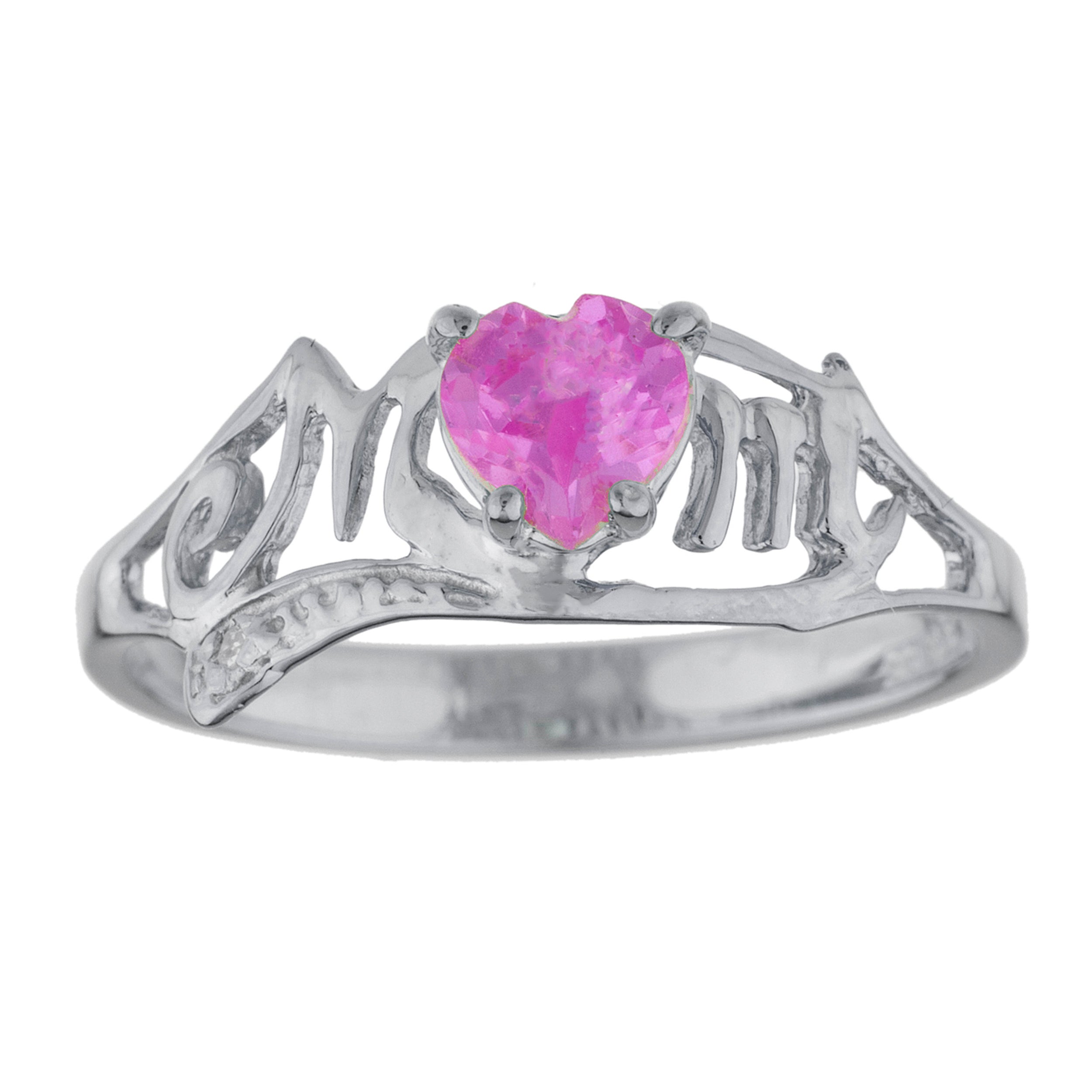 14Kt Gold Pink Sapphire & Diamond Heart Mom Ring
