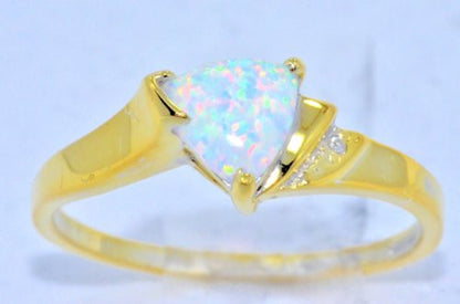 7mm Opal & Diamond Trillion Ring .925 Sterling Silver 14Kt Yellow Gold Plated