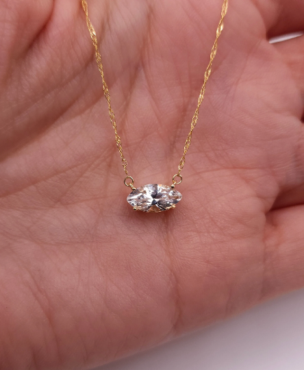 14Kt Gold White Sapphire Marquise Pendant Necklace