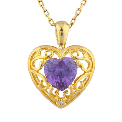 14Kt Gold Amethyst & Diamond Heart LOVE ENGRAVED Pendant Necklace