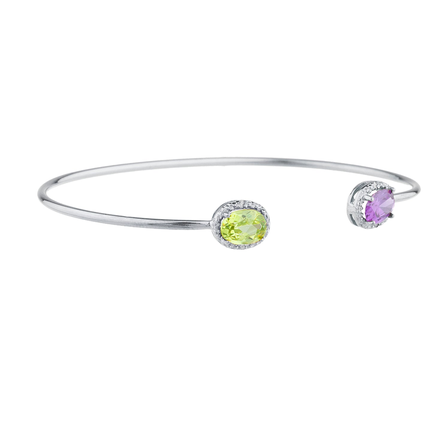 Amethyst & Peridot Diamond Bangle Oval Bracelet .925 Sterling Silver Rhodium Finish