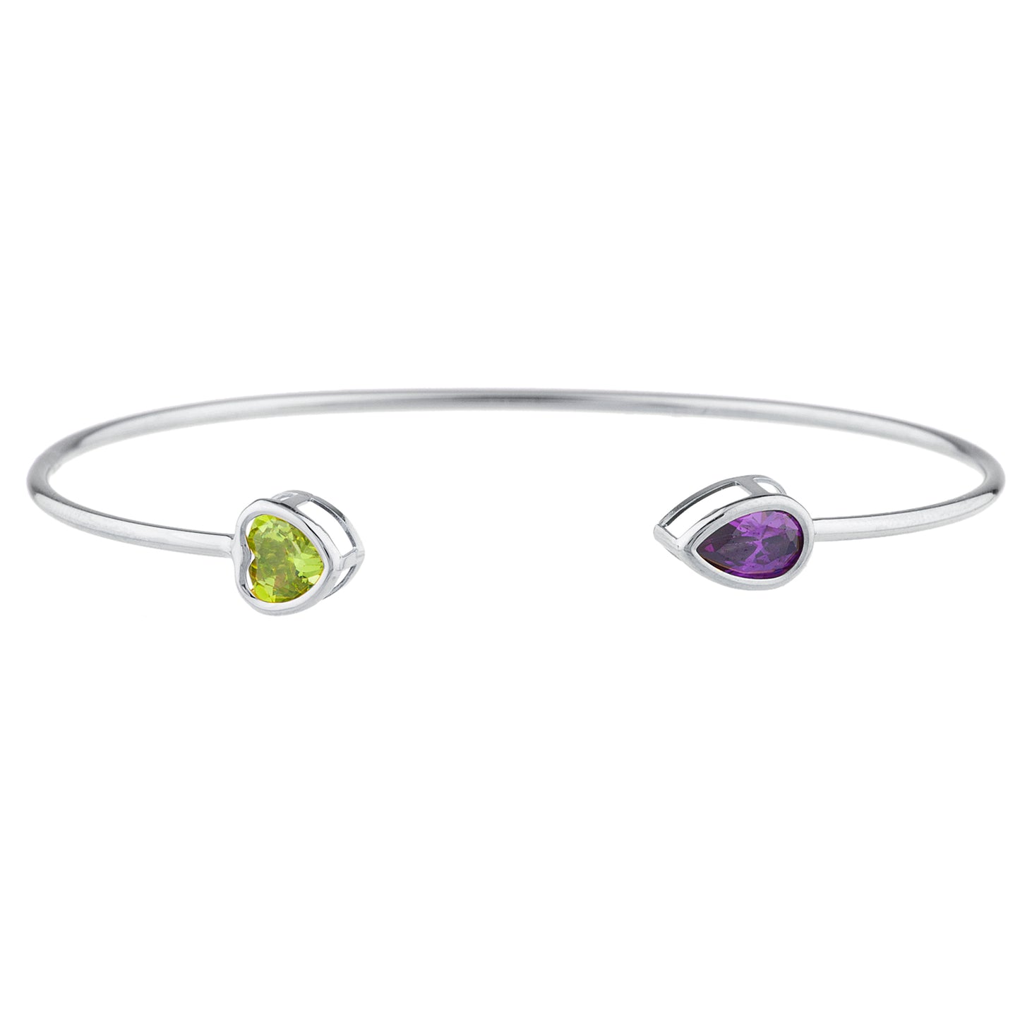 14Kt Gold Peridot Heart & Amethyst Pear Bezel Bangle Bracelet