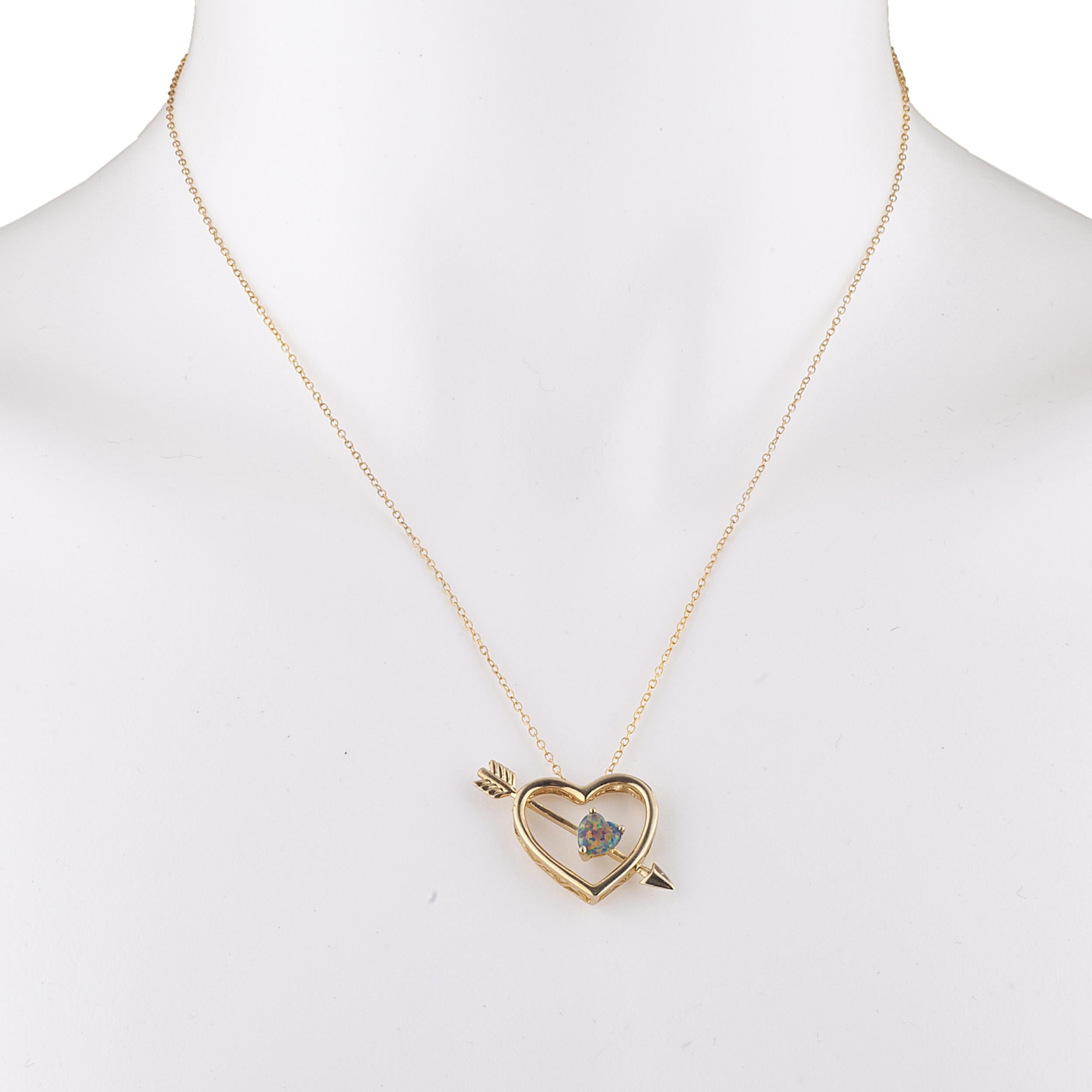 14Kt Gold Black Opal Heart Bow & Arrow Pendant Necklace