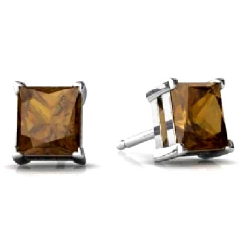 14Kt White Gold Smoky Quartz Princess Cut Stud Earrings