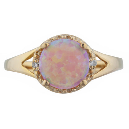 Pink Opal & Diamond Halo Design Round Ring 14Kt Yellow Gold Rose Gold Silver