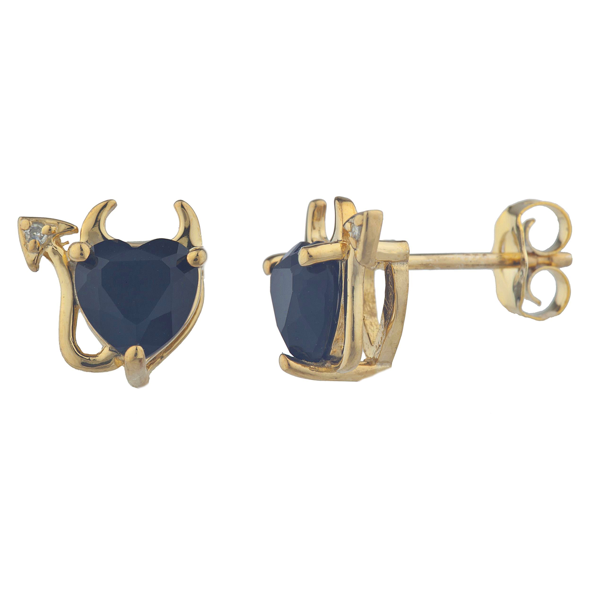 14Kt Gold Genuine Black Onyx & Diamond Devil Heart Stud Earrings