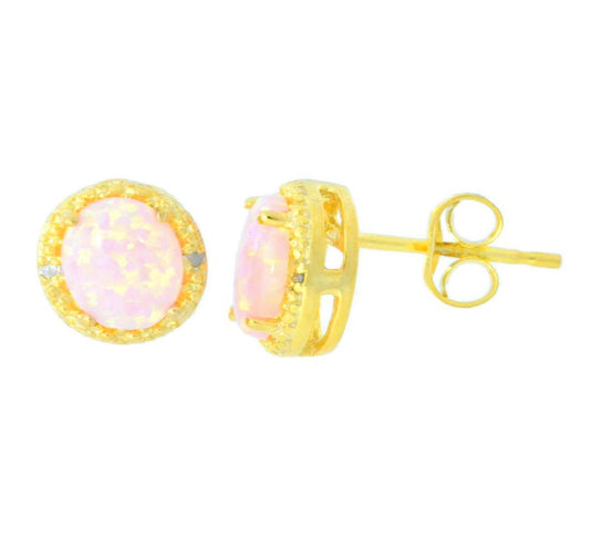 Pink Opal & Diamond Round Stud Earrings 14Kt Yellow Gold