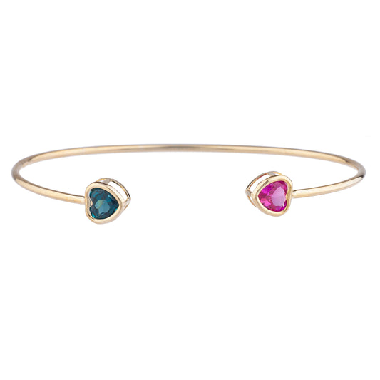 14Kt Gold Pink Sapphire & London Blue Topaz Heart Bezel Bangle Bracelet