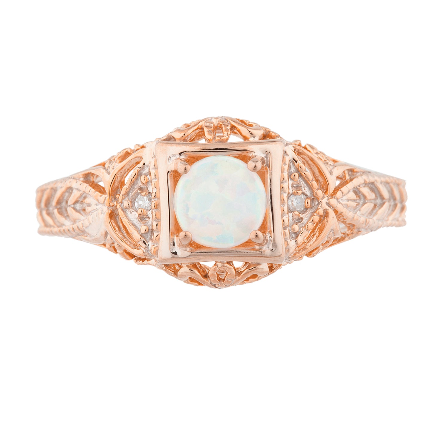 14Kt Gold Genuine Opal & Diamond Design Round Ring