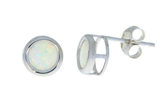 14Kt White Gold Opal Bezel Round Stud Earrings