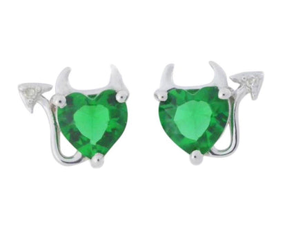 Emerald & Diamond Devil Heart Stud Earrings .925 Sterling Silver